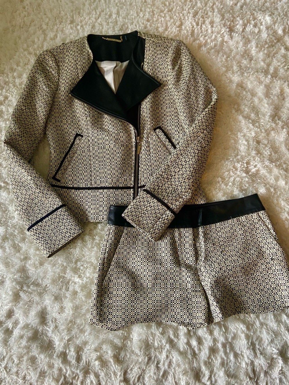 Marciano Black and Cream Textured Blazer And Short Set
